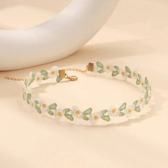 5 pc green white pink floral choker necklace set casual dressy bridal fairy cute - Picture 4 of 5